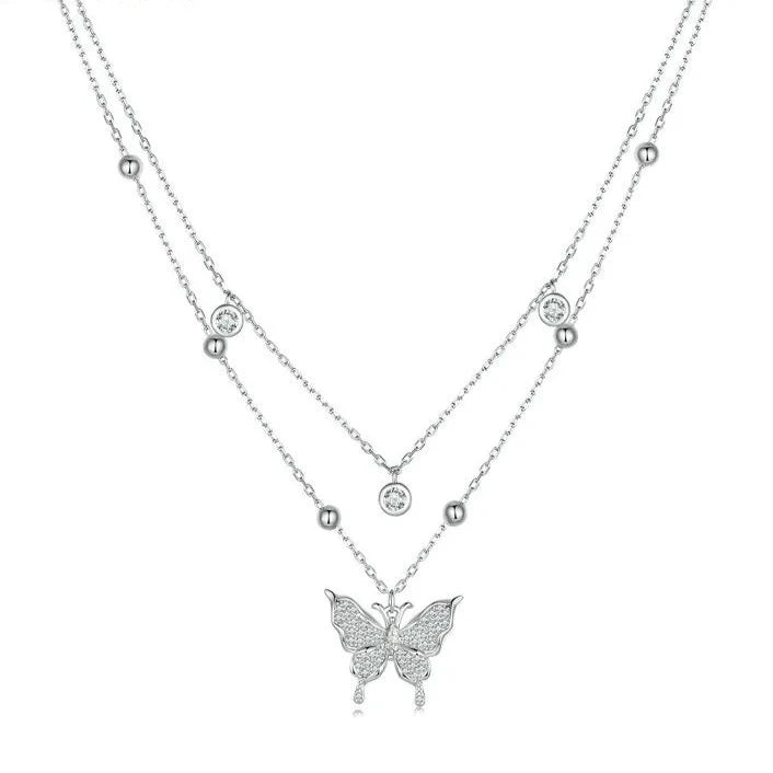 Square pendant necklaces-Double-layer Tassel Butterfly Pendant Necklace with Diamond