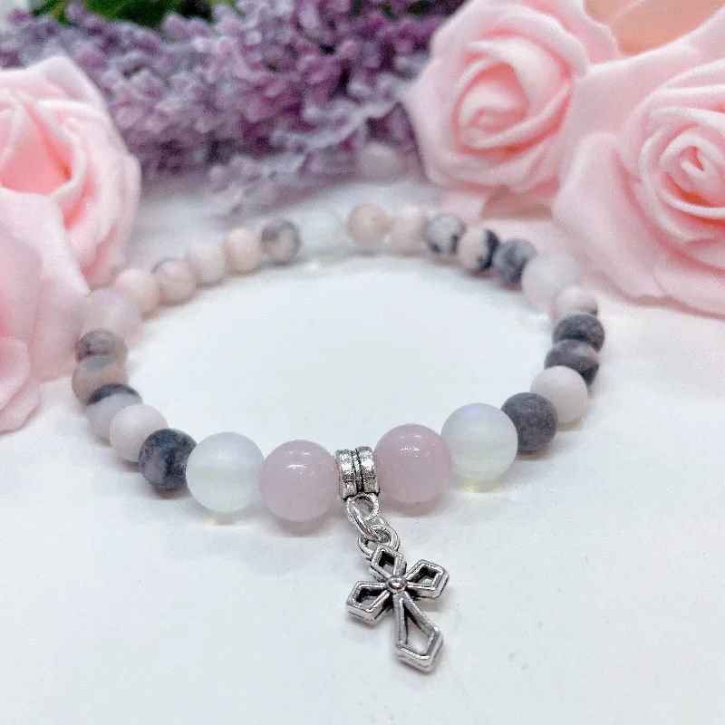 Square gem bracelets-Silver Deco Cross Companion Charm Bracelet Rose Quartz