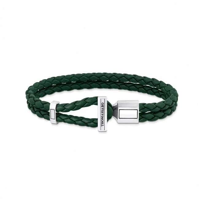 Aged lock bracelets-Sterling Silver Double Braided Green Leather Bracelet A2148-682-6