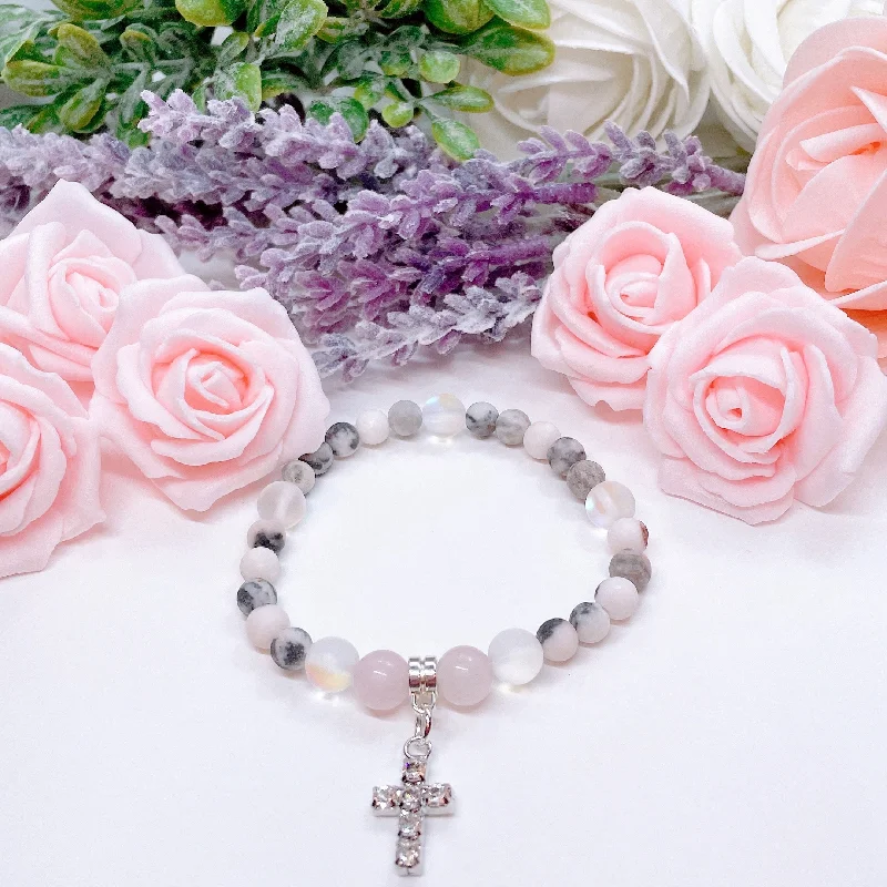 New moon bangles-Rhinestone Cross Companion Charm Bracelet Rose Quartz