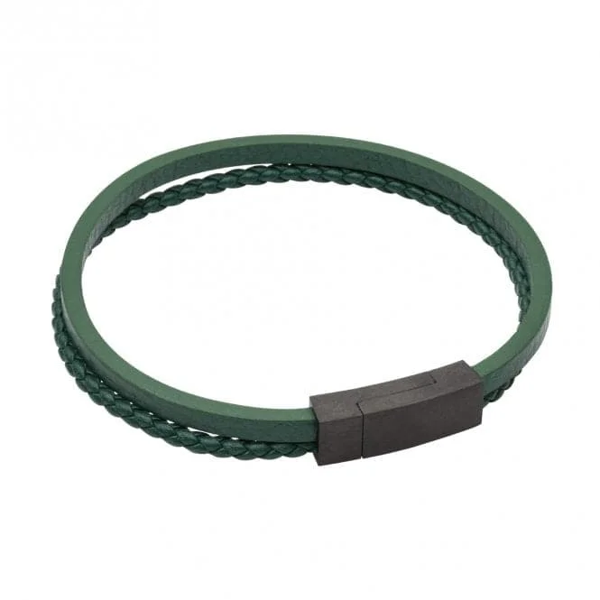 Thread tassel bangles-Multi Row Green Recycled Leather Black IP Clasp Bracelet B5430