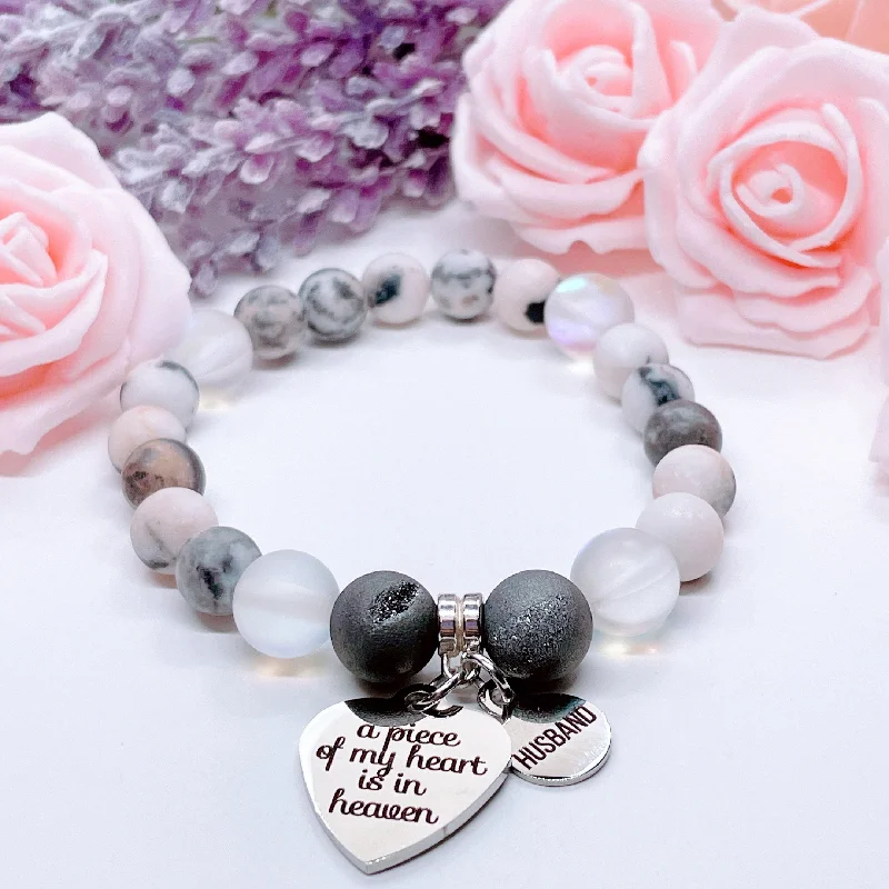 Sleek clasp bangles-Husband: A Piece of my Heart is in Heaven Heart Classic Charm Bracelet Druzy