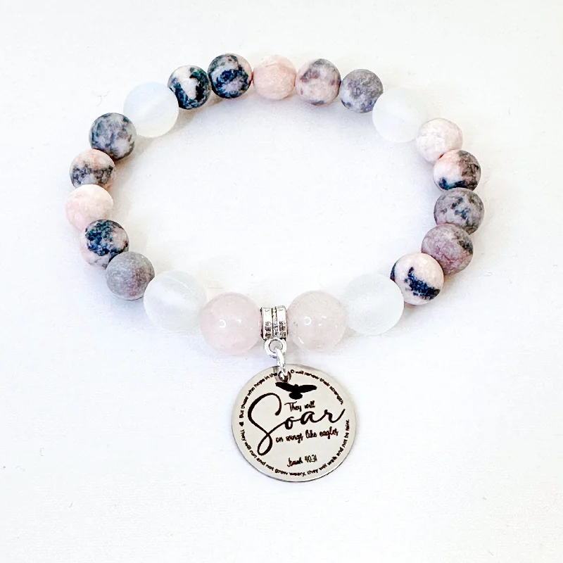 Ripple shape bracelets-They Will Soar on Wings Like Eagles Isaiah 40:31 Classic Charm Bracelet Rose Quartz