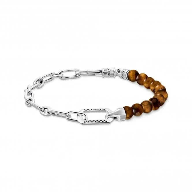 Solid cuff bangles-Sterling Silver Tiger's Eye Beads And Chain Bracelet A2088-826-2