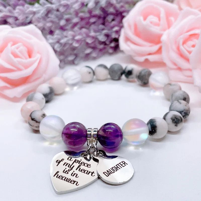 Gem heap bracelets-Daughter: A Piece of my Heart is in Heaven Heart Classic Charm Bracelet Amethyst