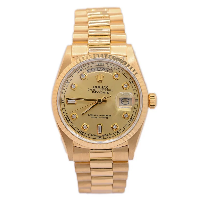 Vine carved bracelets-Rolex Day-Date 18K Yellow Gold 36mm Champagne Factory Diamond Dial Watch Fluted Bezel Presidential Bracelet Reference# 18038