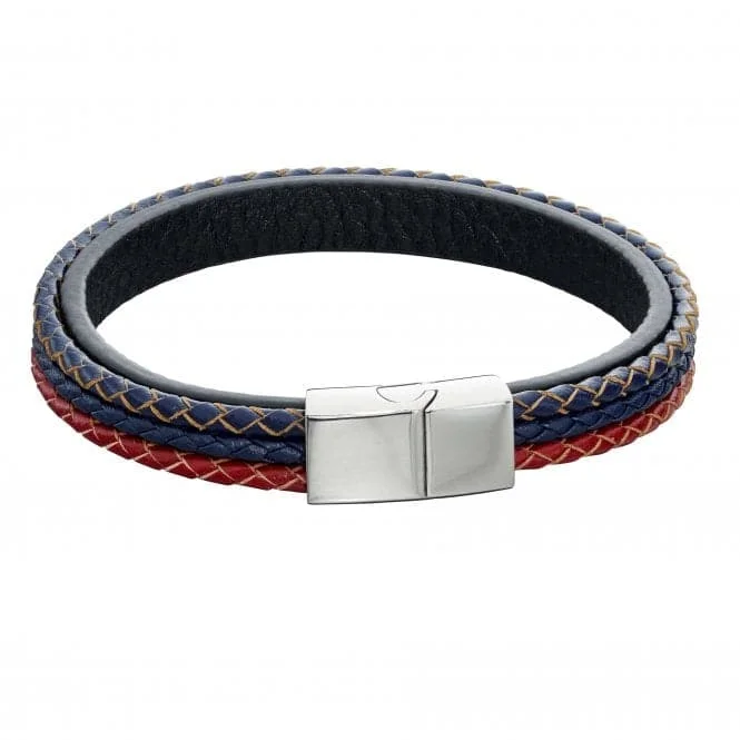 Tulip motif bangles-Mens Woven Blue Red Grey Leather Magnetic Clasp Bracelet B5283