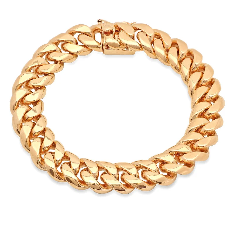 Solid cuff bangles-Yellow Gold Plated 13mm Handmade Cuban Link Bracelet