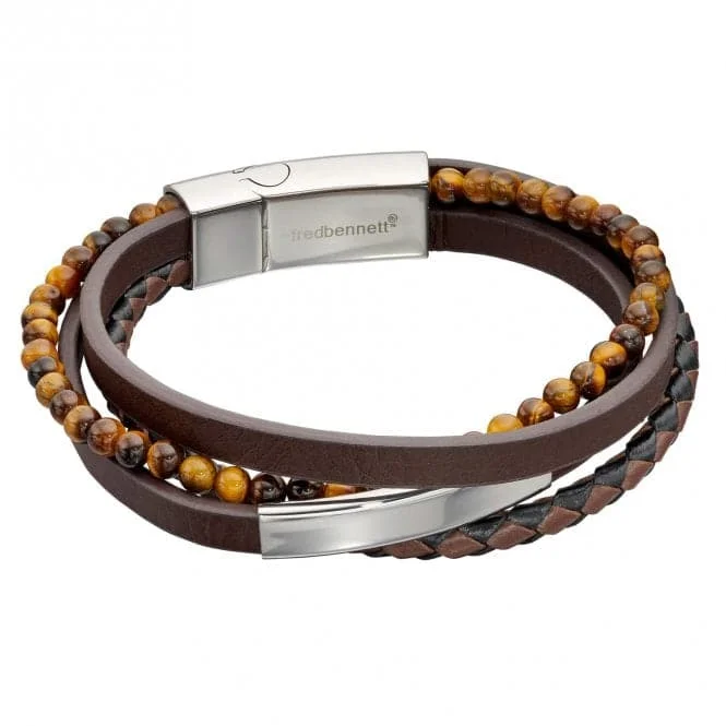 Ocean bead bangles-Reborn Tiger Bead Recycled Brown Leather Bracelet B5317