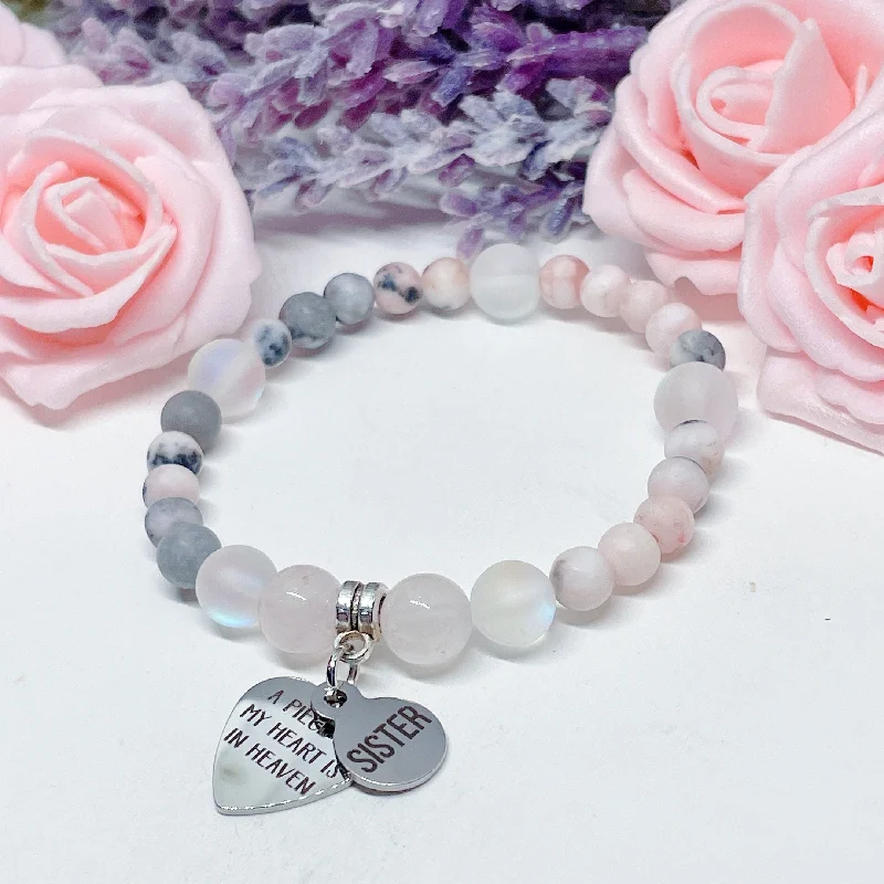 Vine carved bracelets-Sister: A Piece of my Heart is in Heaven Heart Companion Charm Bracelet Rose Quartz