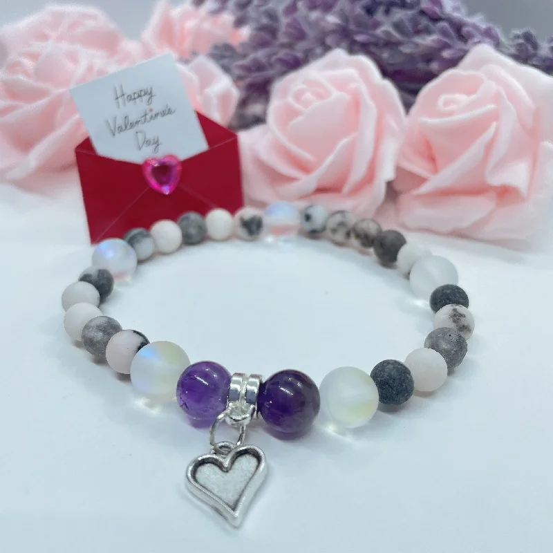 Stone charm bracelets-Dainty Heart Companion Charm Bracelet Amethyst