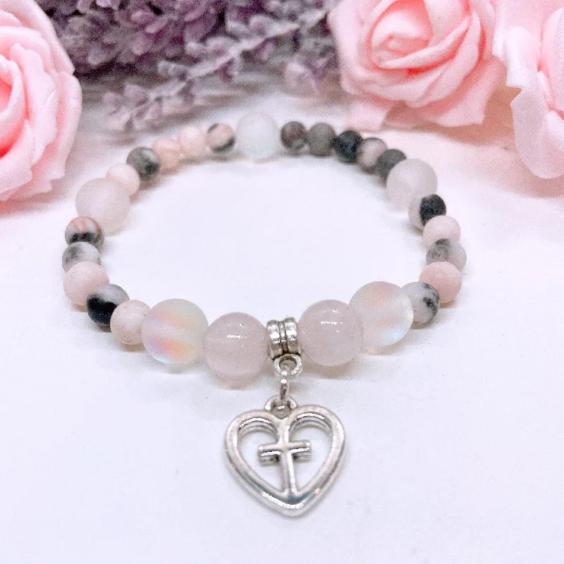 Square shape bracelets-Faithful Heart Companion Charm Bracelet Rose Quartz