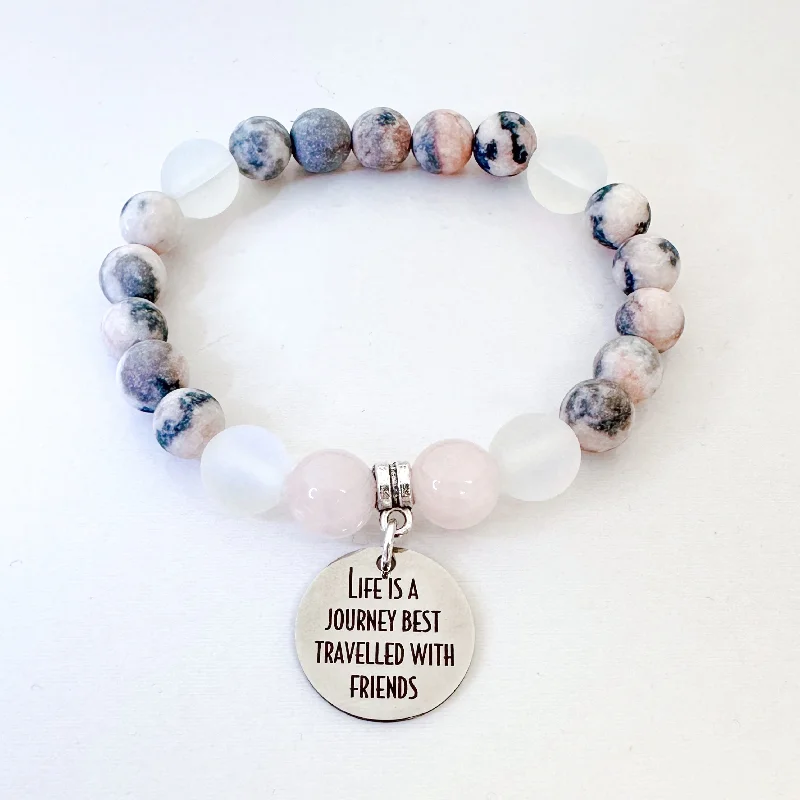 Onyx bracelets-Life is a Journey Best Traveled with Friends Classic Charm Bracelet Rose Quartz