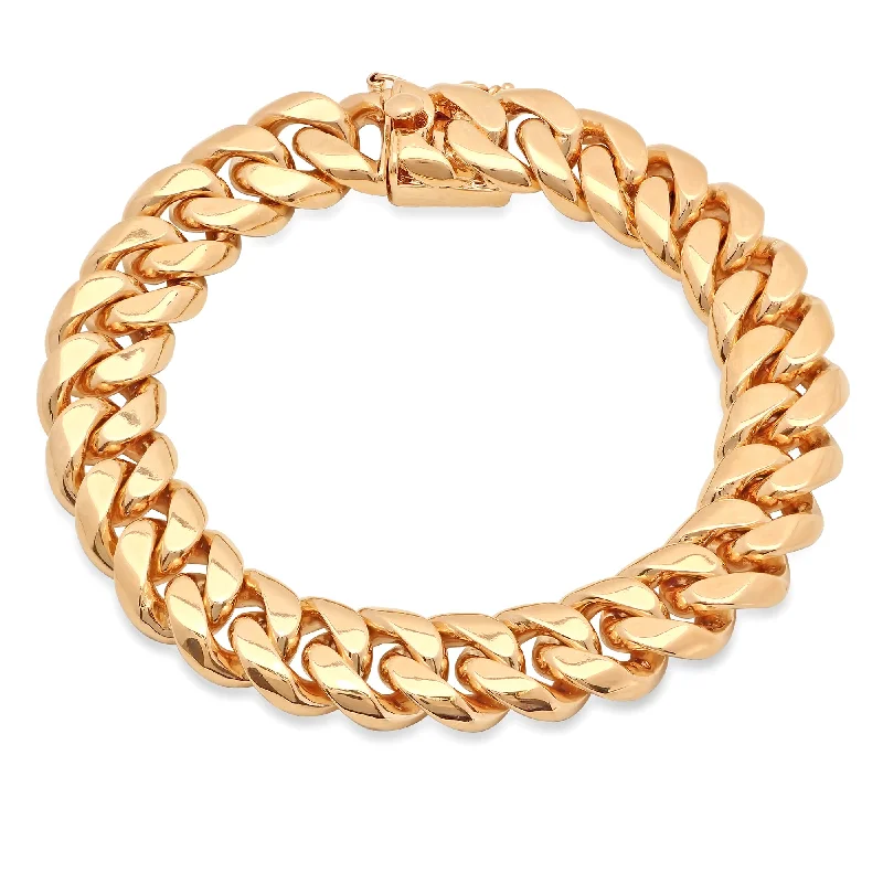 Ripple shape bracelets-14K Yellow Gold 13mm Handmade Cuban Link Bracelet (8-9 Inch)