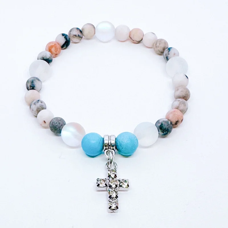 Fine pearl bangles-Rhinestone Cross Companion Charm Bracelet Turquoise