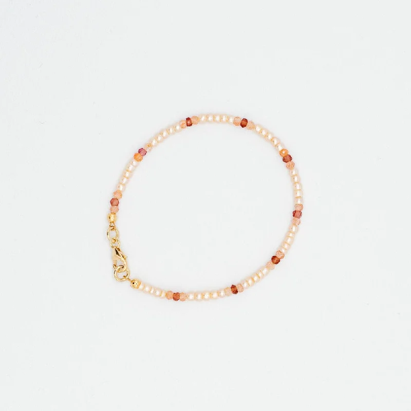 Pine grain bangles-Pink Seed Pearl Bracelet with Garnet and Sunstone