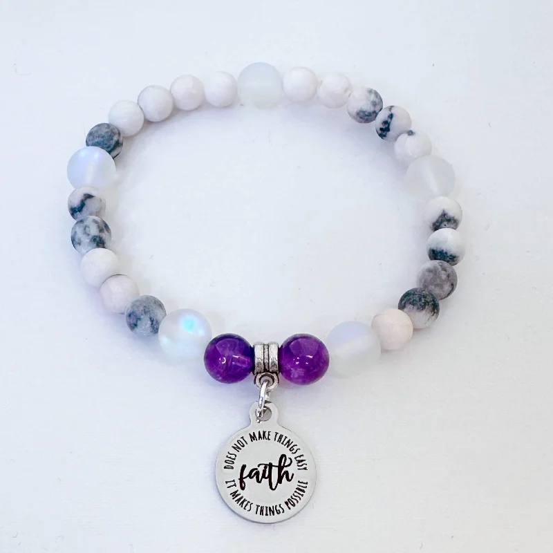 Emerald bead bracelets-Faith Does Not Make Things Easy, It Makes Things Possible Companion Charm Bracelet Amethyst