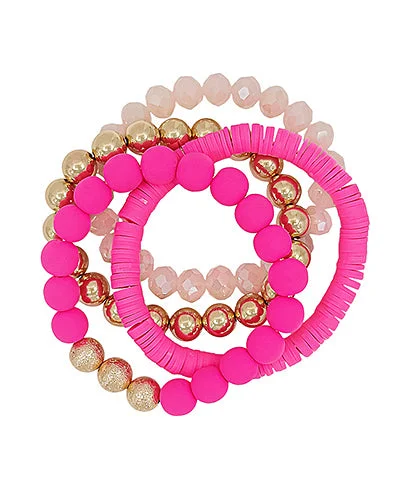 Fine clay bracelets-Hot Pink & Gold Multi-Texture Beaded Stretch Bracelet Stack