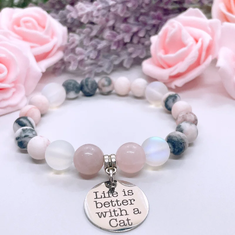 Fine dot bangles-Life is Better with a Cat Classic Charm Bracelet Rose Quartz