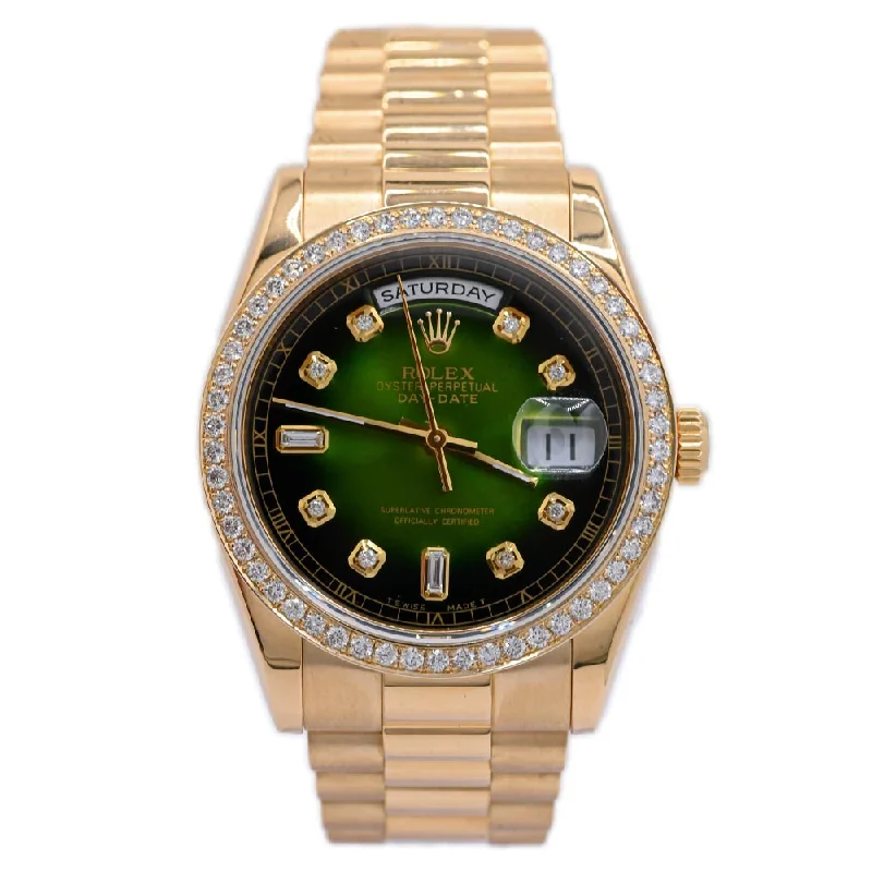 Stacked chain bracelets-Rolex President Day-Date 36mm 18k Yellow Gold Case, Custom Green Diamond Dial, Diamond Bezel, Yellow Gold President Bracelet Watch