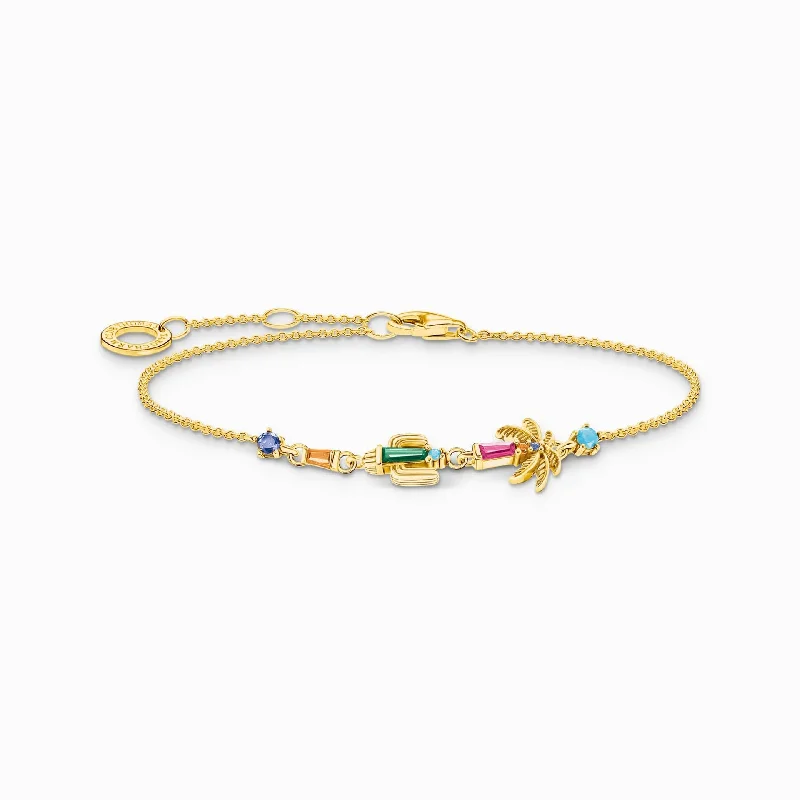 Wolf motif bracelets-Charming Sterling Silver Gold Plated Colourful Stones Palm Tree & Cactus Bracelet A2150-488-7