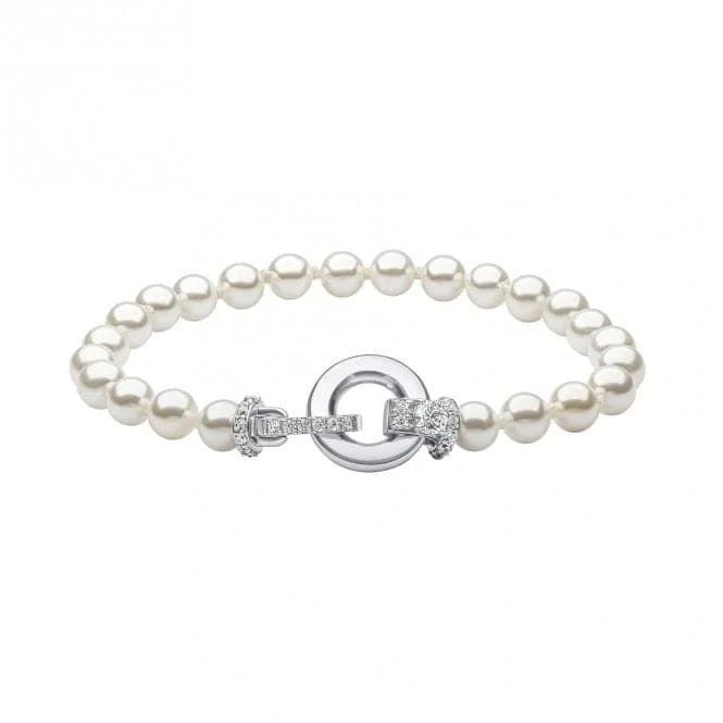 Stacked chain bracelets-Sterling Silver White Shell Pearl and Clear Cubic Zirconia Bracelet B5472