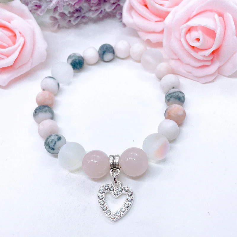 Shiny cuff bracelets-Rhinestone Heart Classic Charm Bracelet Rose Quartz