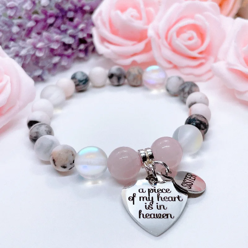 Sleek clasp bangles-Sister: A Piece of my Heart is in Heaven Classic Charm Bracelet Rose Quartz