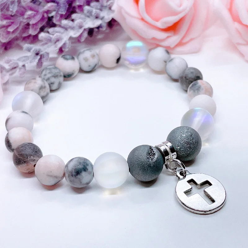 Soft bead bangles-Silver Hollow Cross Classic Charm Bracelet Druzy