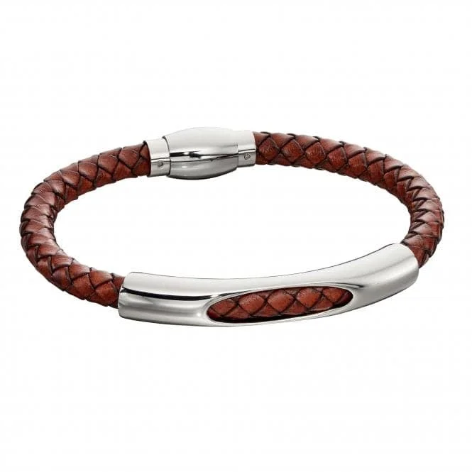 Akoya pearl bracelets-Mens Woven Brown Leather Magnetic Clasp Bracelet B5280