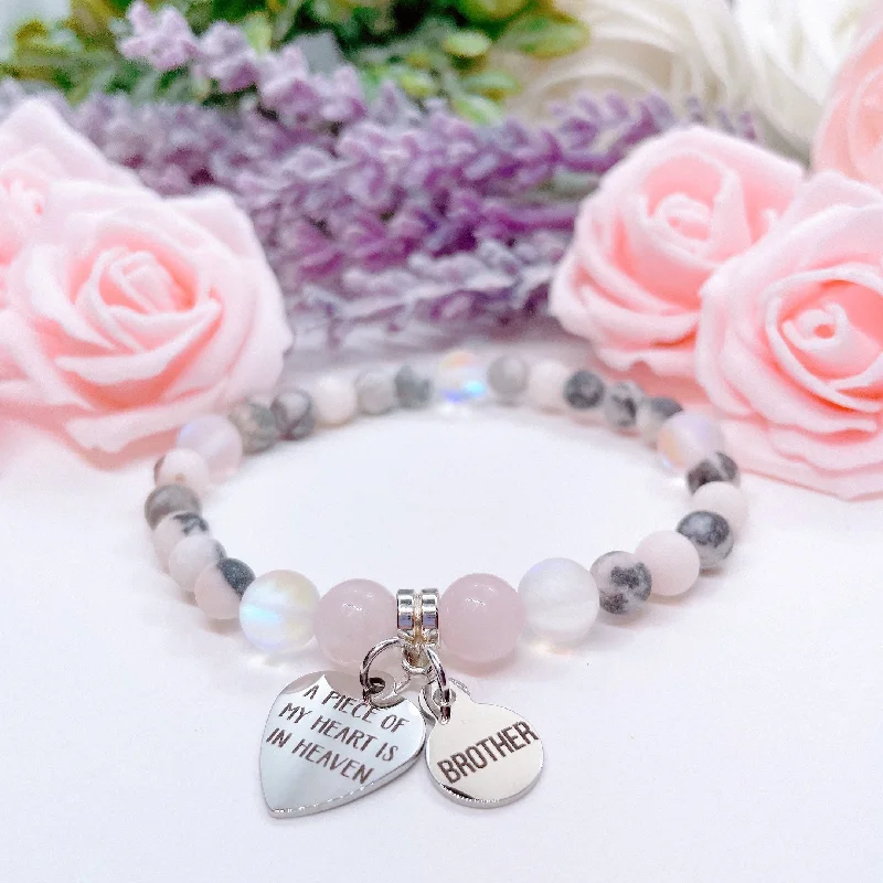 Ripple shape bracelets-Brother: A Piece of my Heart is in Heaven Heart Companion Charm Bracelet Rose Quartz