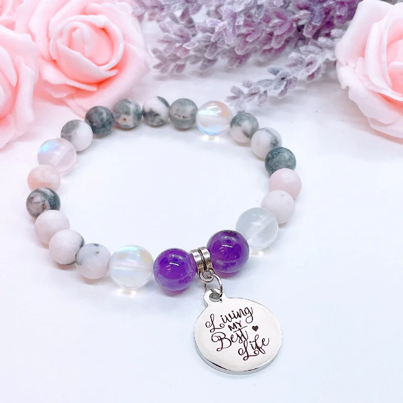 Glossy word bracelets-Living my Best Life Charm Bracelet Amethyst