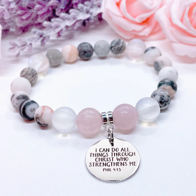 Flat metal bangles-I Can Do All Things Through Christ Who Strengthens Me Classic Charm Bracelet Rose Quartz