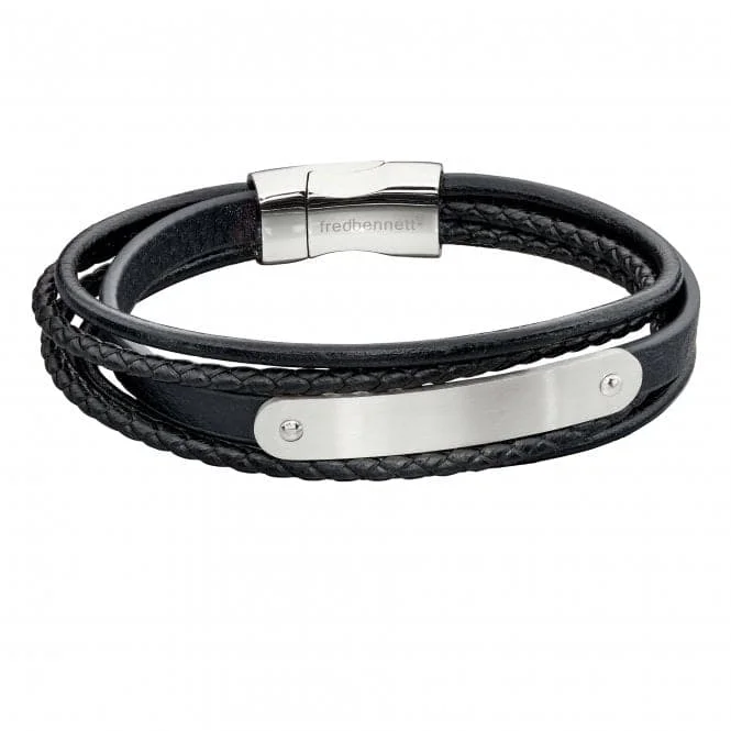 Fine clay bracelets-Mens Woven Black Leather Multi ID Bar Bracelet B5282