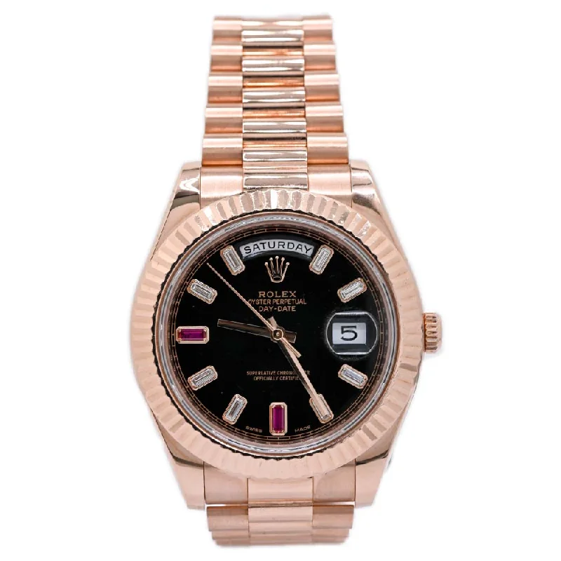 Aged flair bracelets-Rolex Mens Day-Date Everose Gold 40mm Black Baguette Diamond Dial Watch w/ Baguette Ruby 6 and 9 markers Fluted Bezel President Bracelet