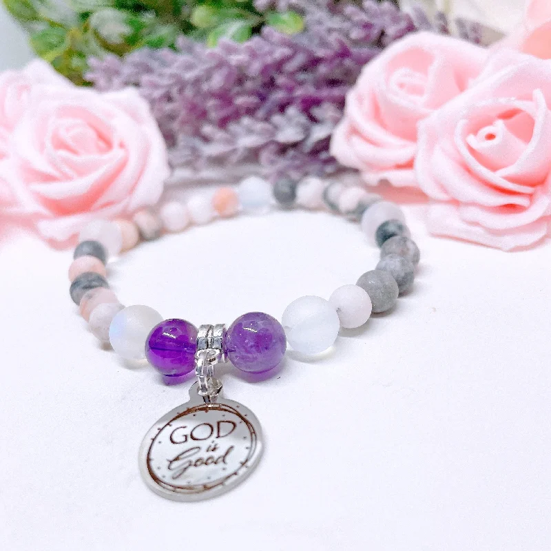 Owl motif bangles-God is Good Companion Charm Bracelet Amethyst