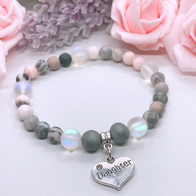 Silk cord bangles-Daughter Heart Companion Charm Bracelet Druzy