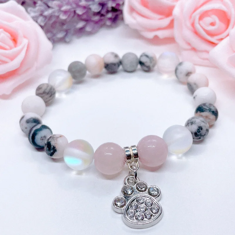 Onyx bracelets-Rhinestone Paw Classic Charm Bracelet Rose Quartz