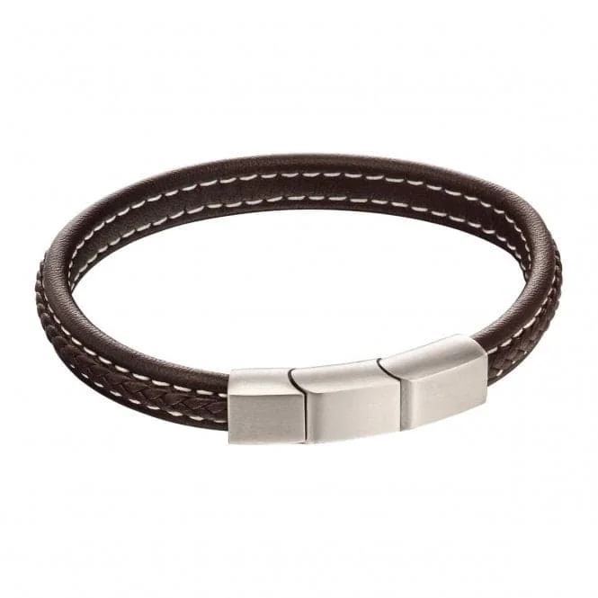 Sleek form bracelets-Plait Detail Brown Leather Brushed Finish Bracelet B5403