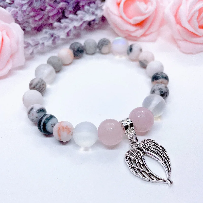 Owl motif bangles-Double Angel Wing Classic Charm Bracelet Rose Quartz