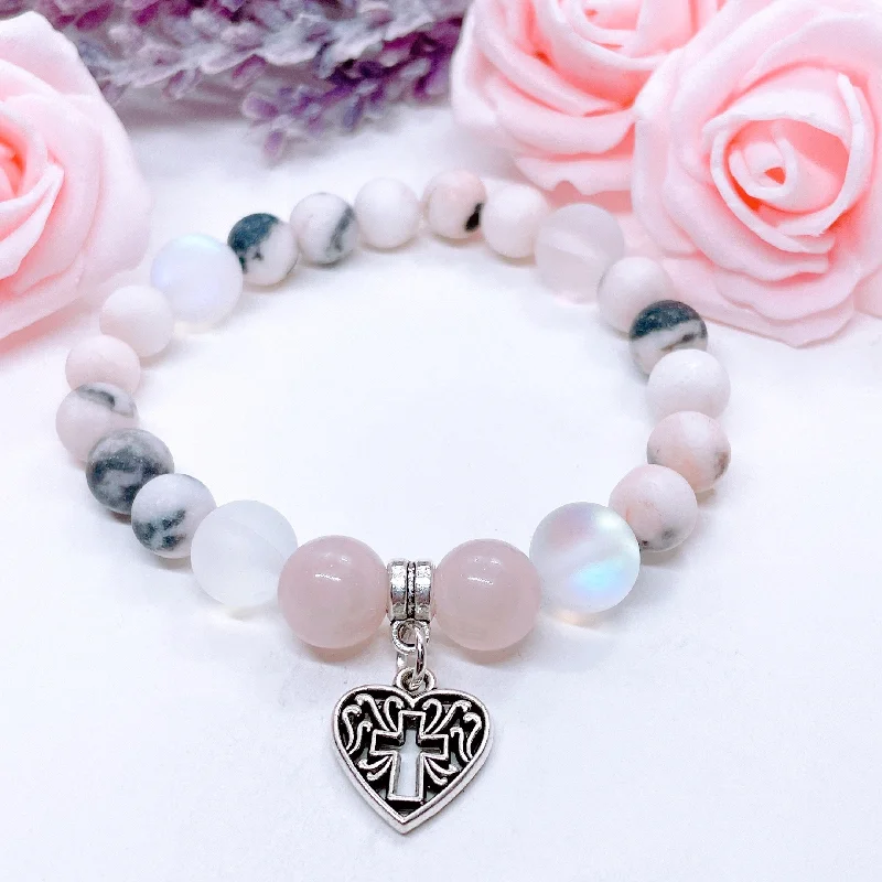 Thin wire bangles-Heart Hollow Cross Classic Charm Bracelet Rose Quartz