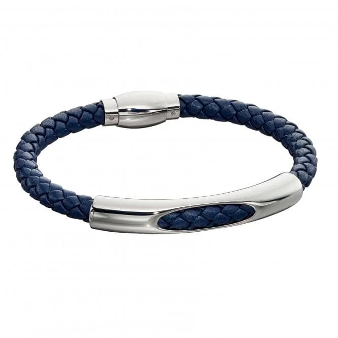 Shiny cuff bracelets-Mens Woven Navy Blue Leather Magnetic Clasp Bracelet B5279