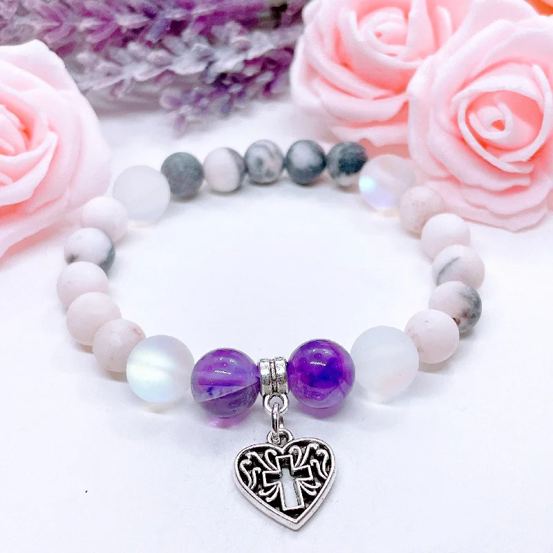 Fine star bracelets-Heart Hollow Cross Classic Charm Bracelet Amethyst