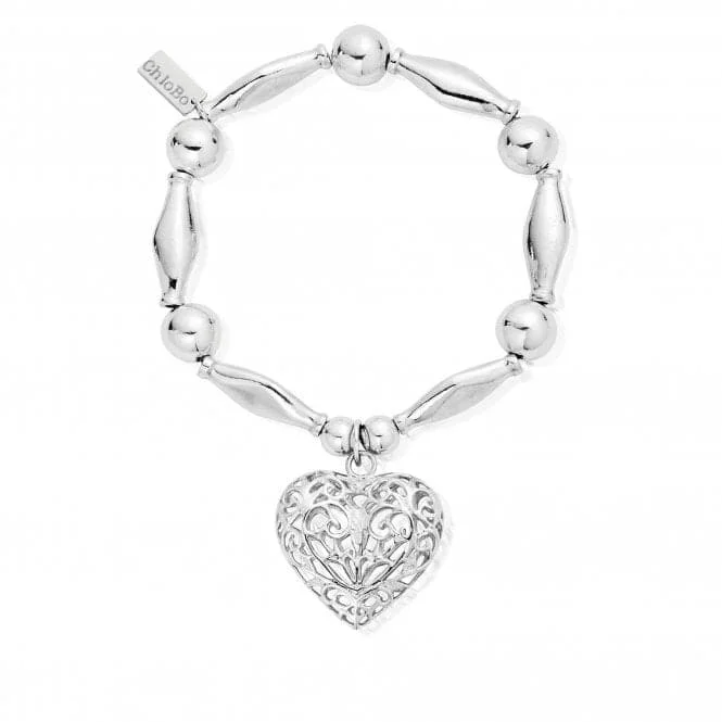 Ruby bracelets-ChloBo Chunky Filigree Heart Bracelet with 925 Sterling Silver Beads & Heart Charm