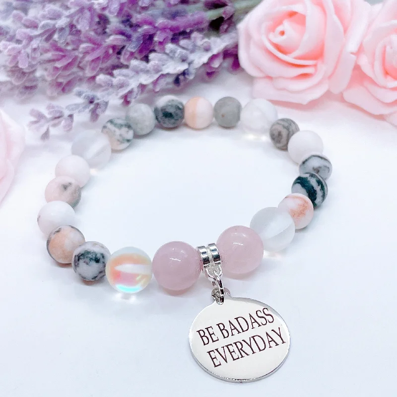 Ocean bead bangles-Be Badass Everyday Classic Charm Bracelet Rose Quartz