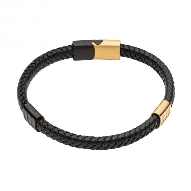 Soft wood bracelets-Black Leather Black IP Yellow Gold Plated Bracelet B5409