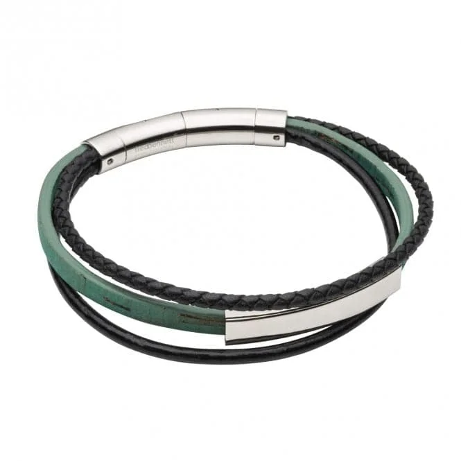 Lapis bead bracelets-Multi Row Green Cork Black Leather Bracelet B5421