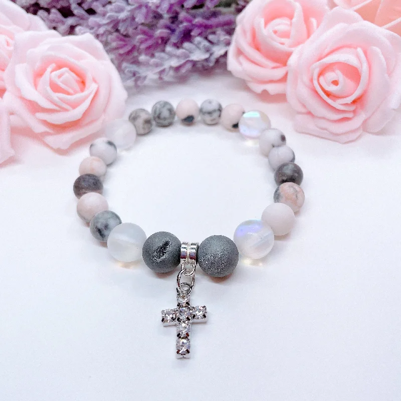 Ripple shape bracelets-Rhinestone Cross Classic Charm Bracelet Druzy