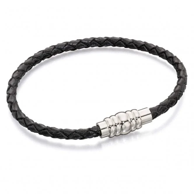 Bead edge bangles-Skinny Black Leather Magnetic Clasp Bracelet B5401