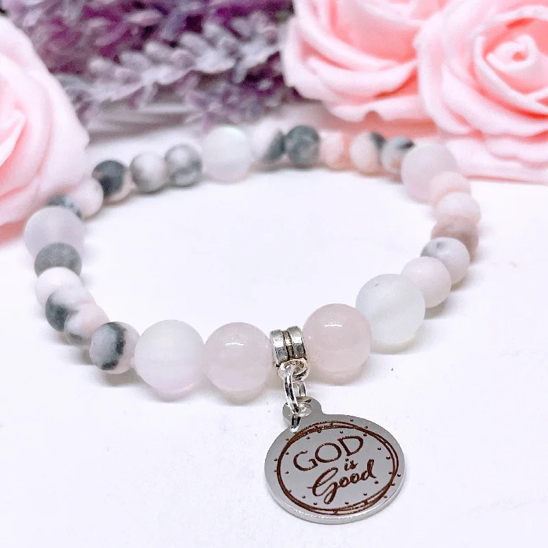 Wolf motif bracelets-God is Good Companion Charm Bracelet Rose Quartz